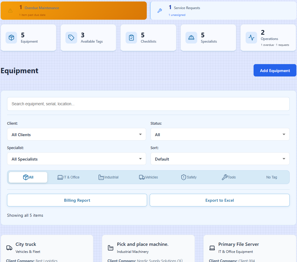 Equipment Management Dashboard